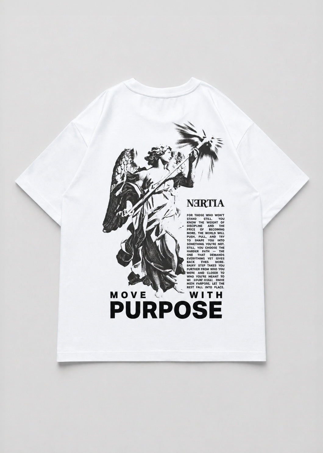 White t-shirt with black graphic design and text on a gray background