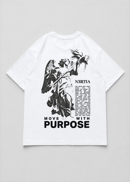 White t-shirt with black graphic design and text on a gray background