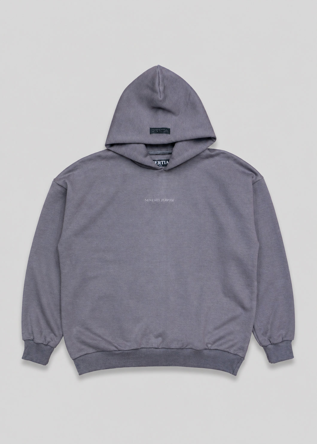 Gray hoodie with a brand logo on a light gray background