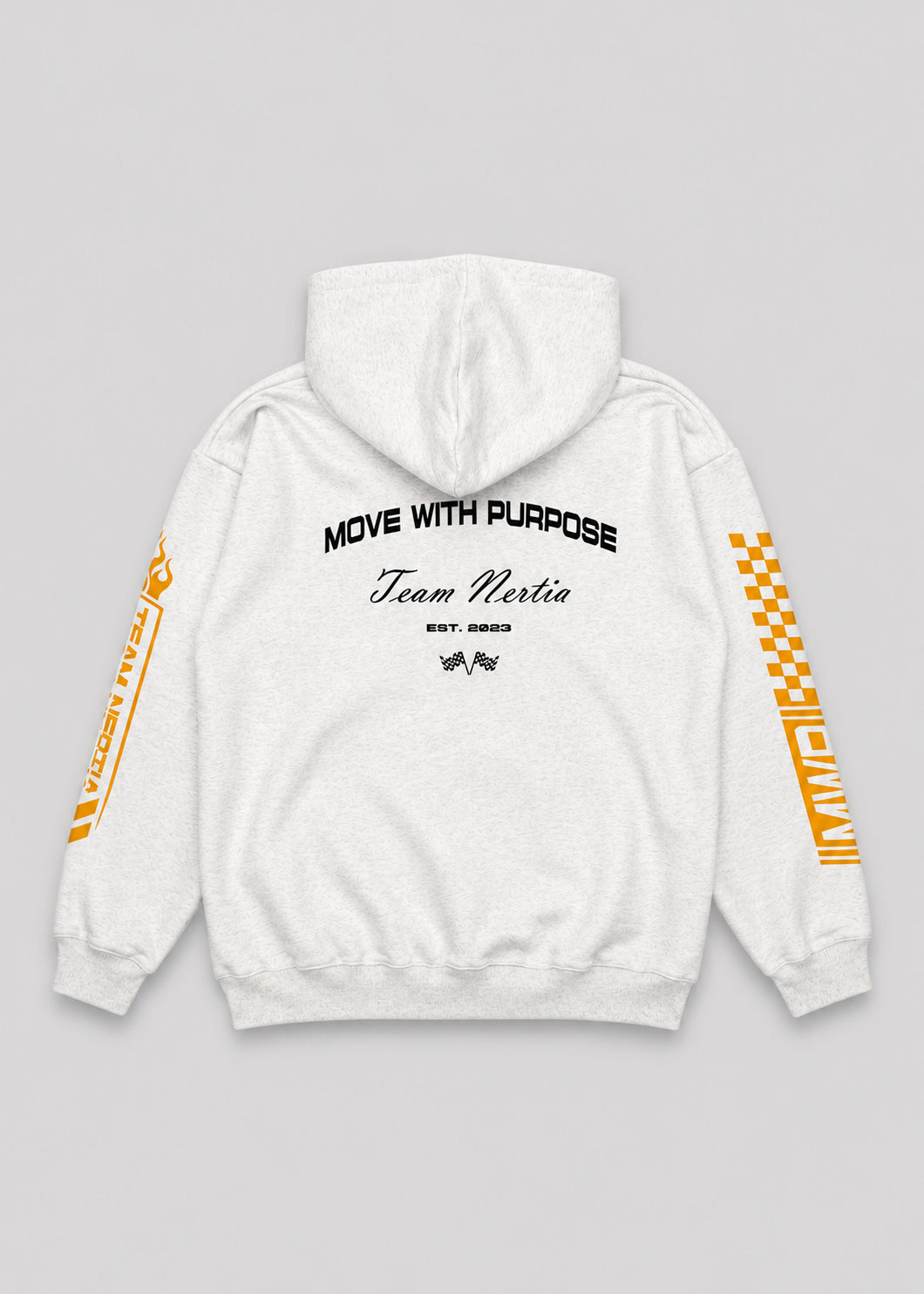 White hoodie with text and logos on a gray background