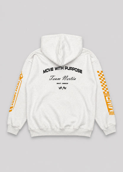 White hoodie with text and logos on a gray background