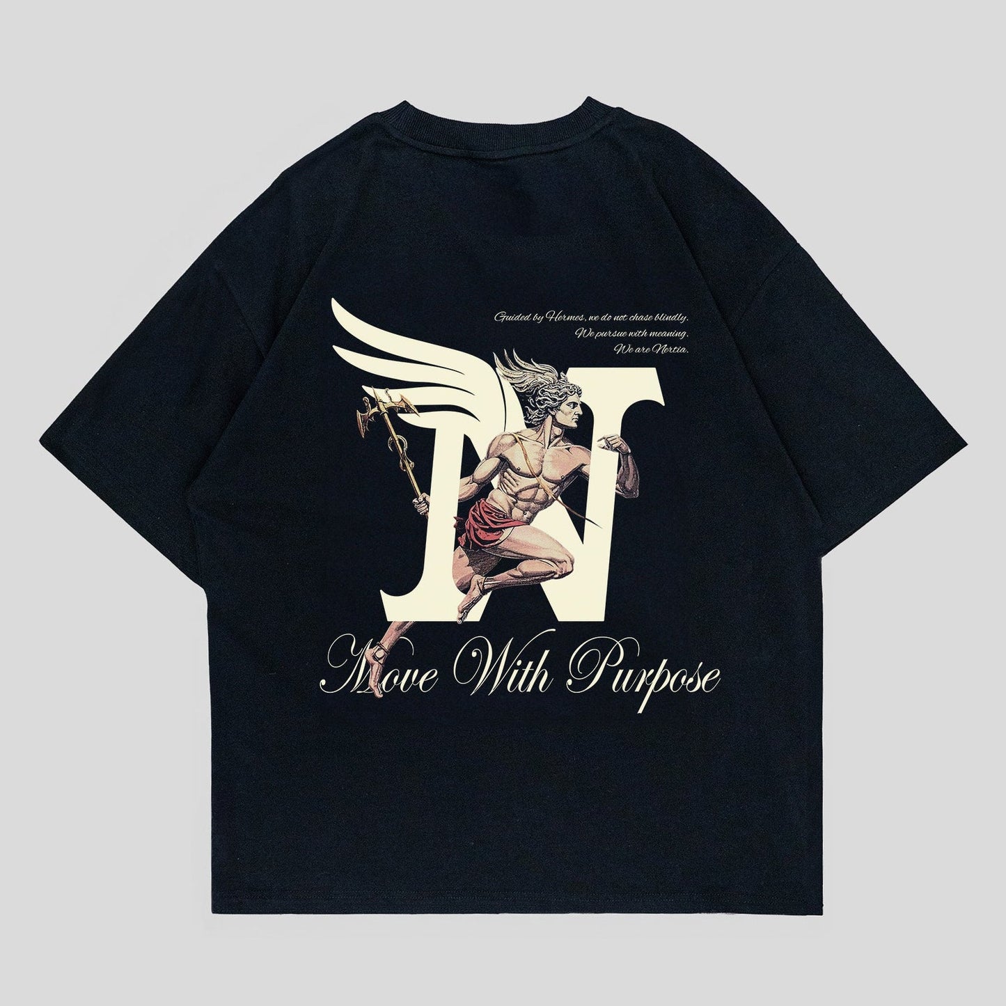 Black t-shirt with graphic design and text on a light gray background