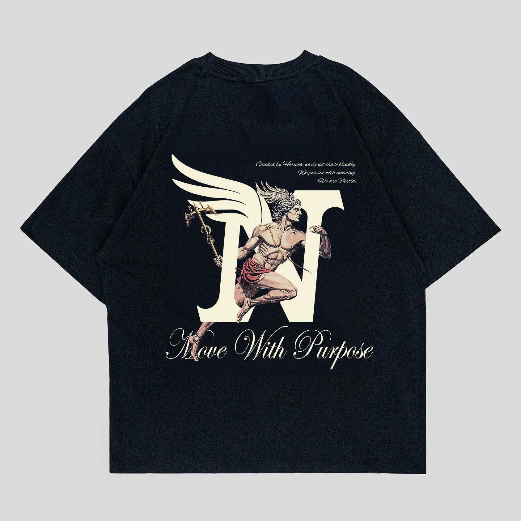 Black t-shirt with graphic design and text on a light gray background