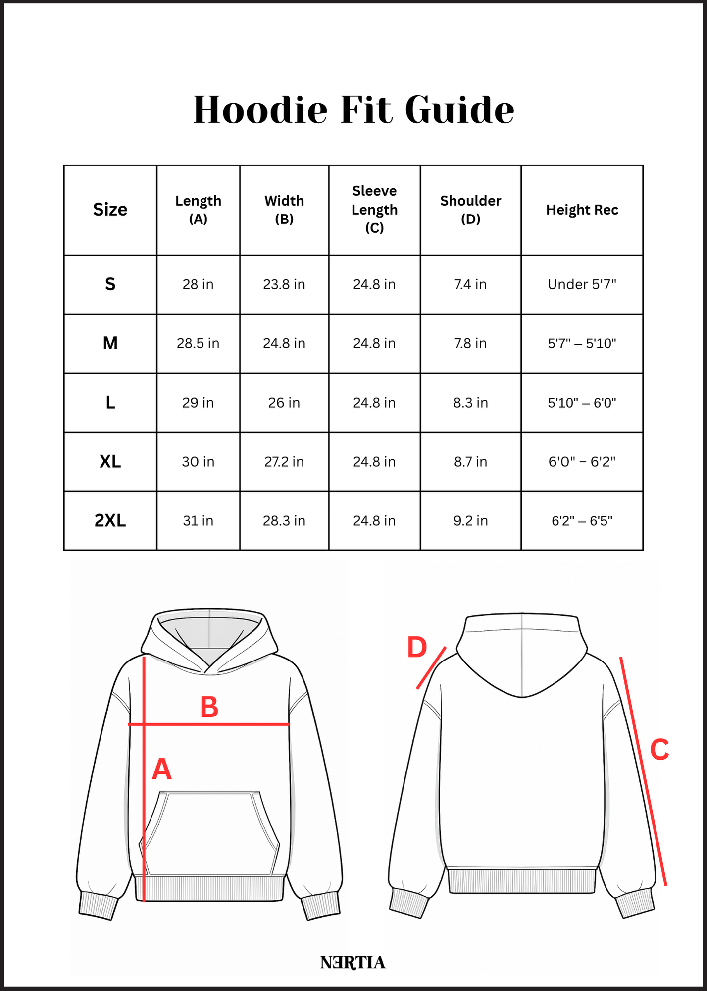 Hoodie fit guide with measurements for different sizes on a white background