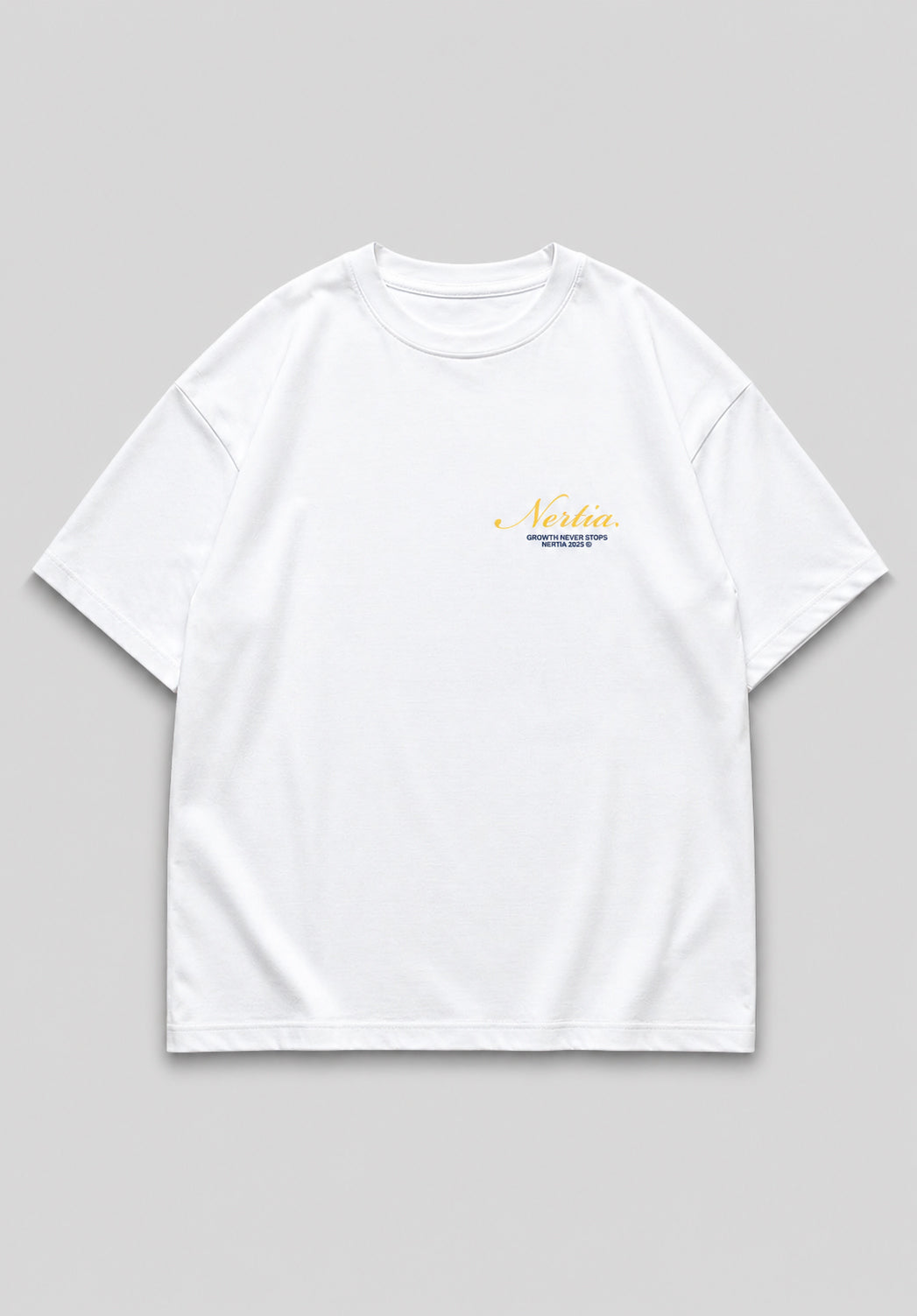 White t-shirt with yellow text on a gray background