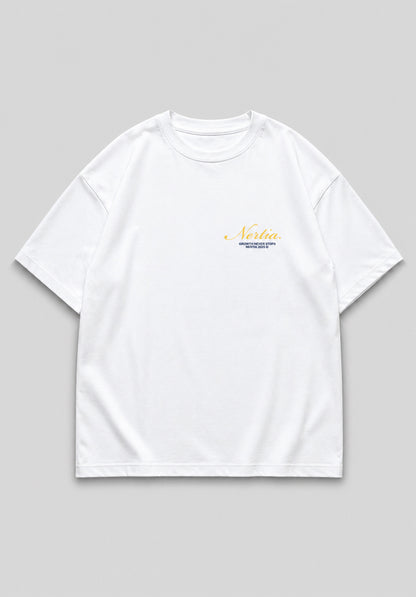 White t-shirt with yellow text on a gray background