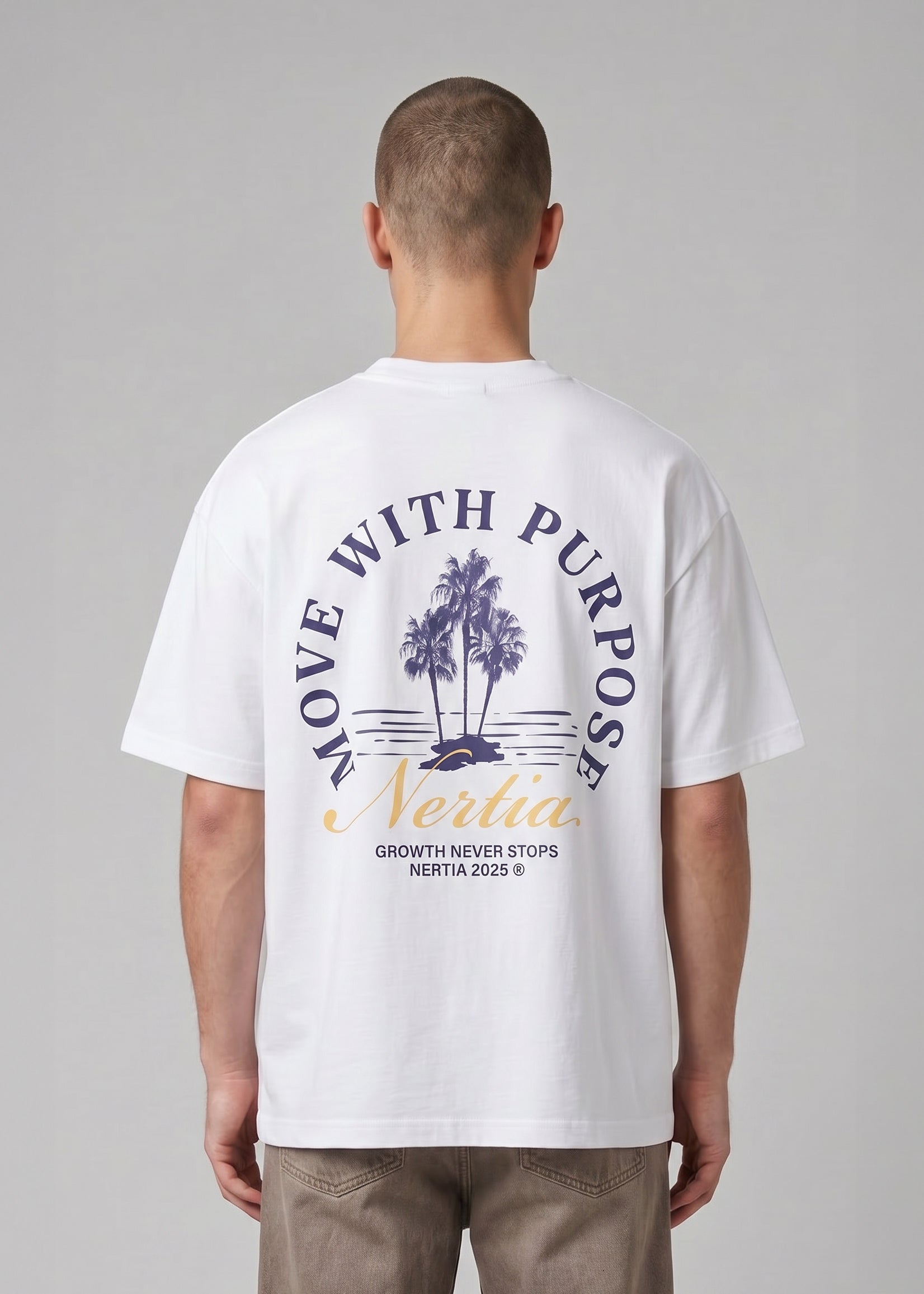 Man wearing a white t-shirt with 'Move with Purpose' text and palm tree design on a gray background