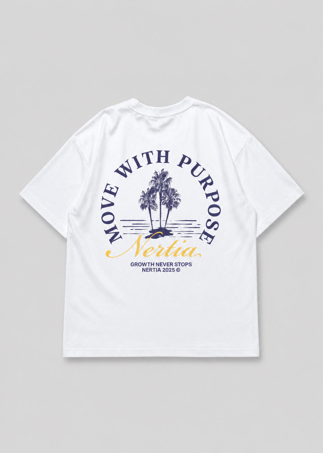 White t-shirt with 'Move with Purpose' graphic design on a gray background