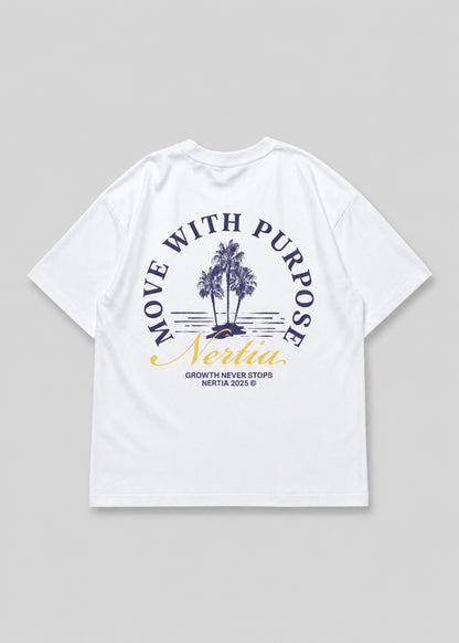 White t-shirt with 'Move with Purpose' graphic design on a gray background