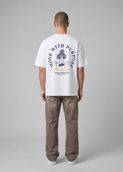 Person wearing a white t-shirt with a graphic design on the back, standing against a plain background