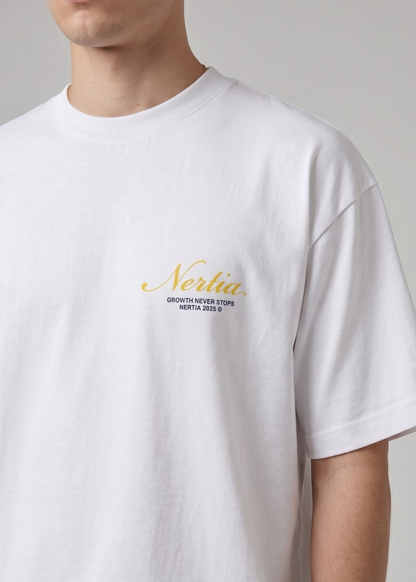 White t-shirt with 'Nerlia' branding on a plain background