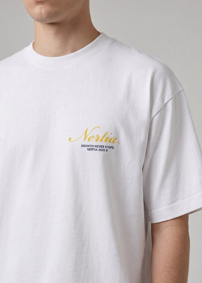 White t-shirt with 'Nerlia' branding on a plain background
