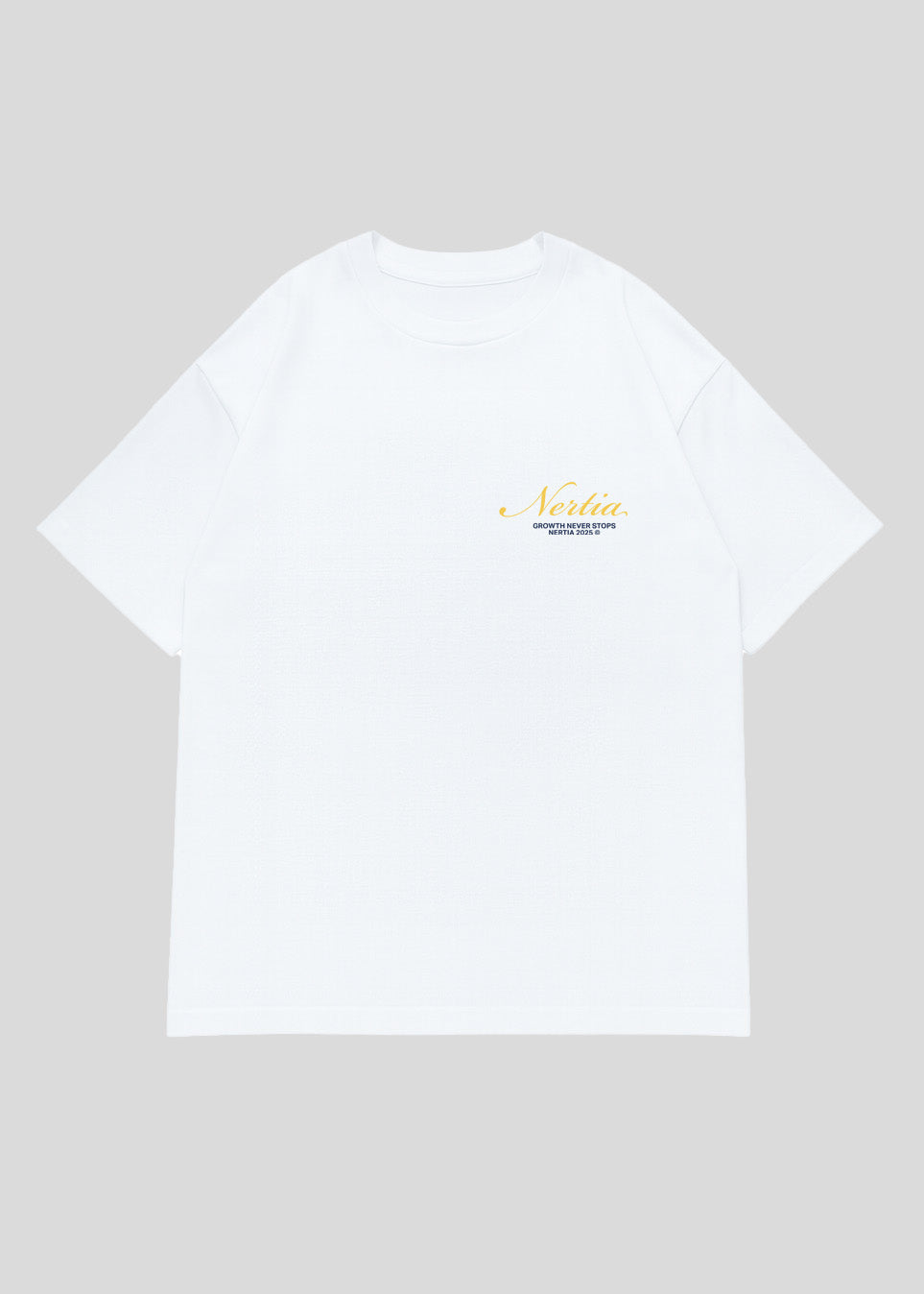 White t-shirt with yellow text on a light gray background
