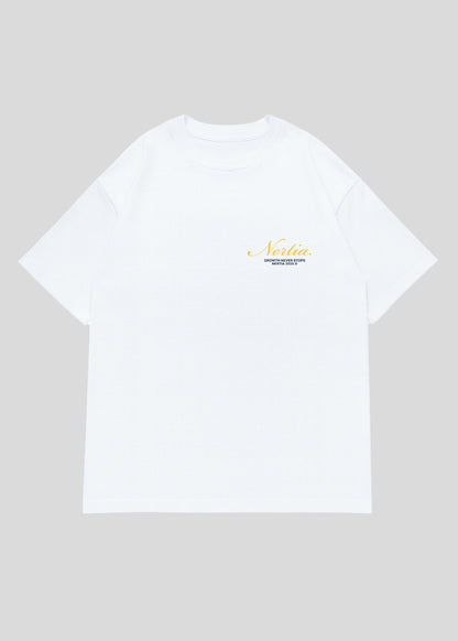 White t-shirt with yellow text on a light gray background