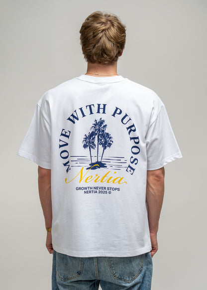 Person wearing a white t-shirt with a graphic design and text on the back, standing against a plain background.