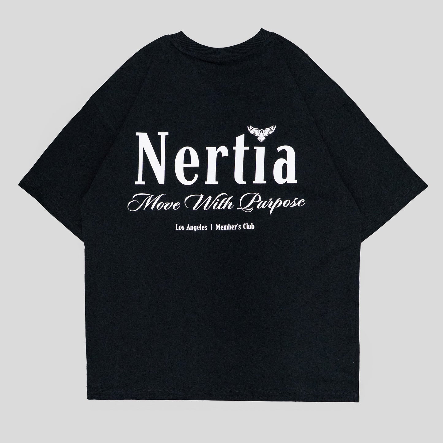 Black t-shirt with 'Nertia' logo and text on a light gray background
