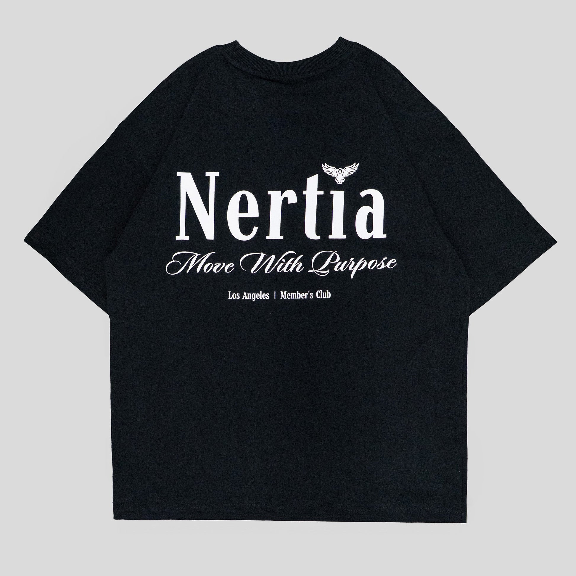Black t-shirt with 'Nertia' logo and text on a light gray background