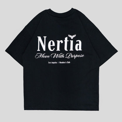 Black t-shirt with 'Nertia' logo and text on a light gray background