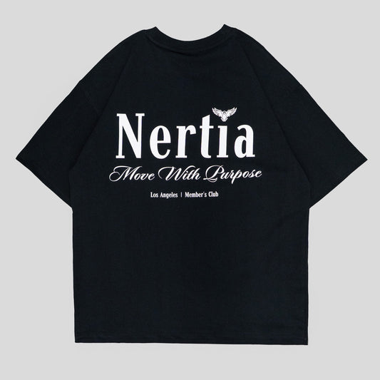 Black t-shirt with 'Nertia' logo and text on a light gray background