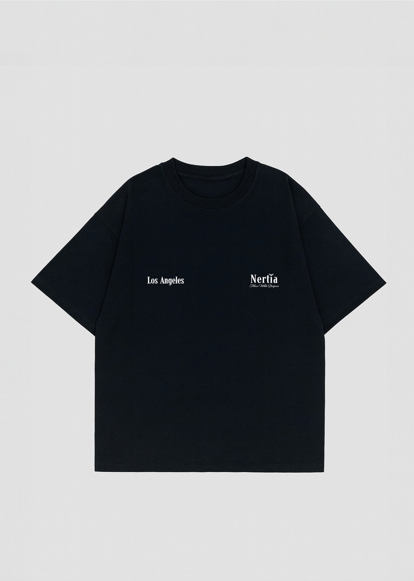 Black t-shirt with 'Los Angeles' and 'Nerfia' text on a light gray background