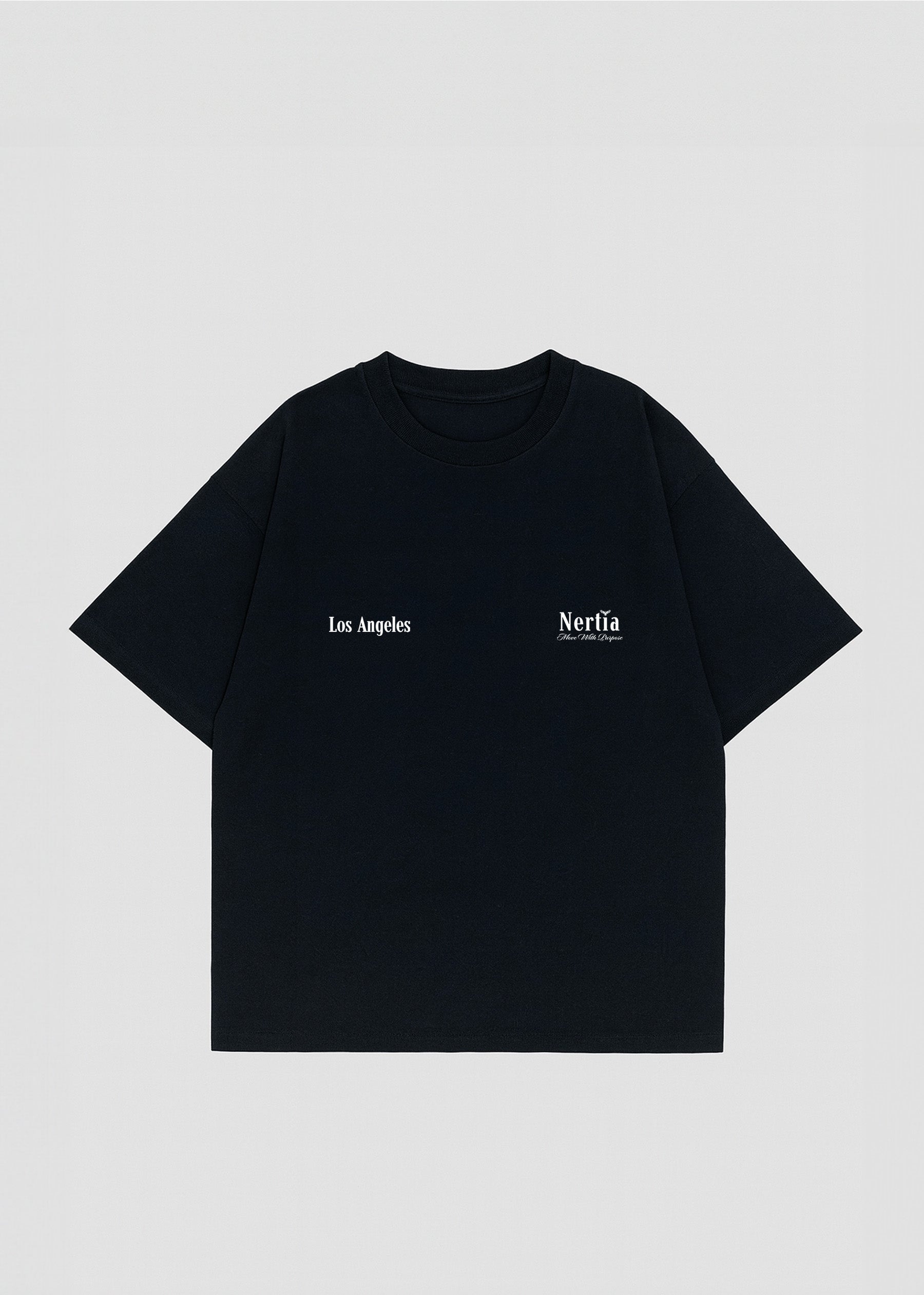 Black t-shirt with 'Los Angeles' and 'Nerfia' text on a light gray background