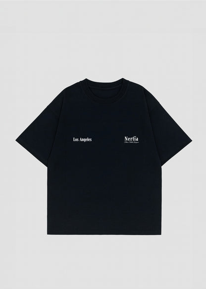 Black t-shirt with 'Los Angeles' and 'Nerfia' text on a light gray background