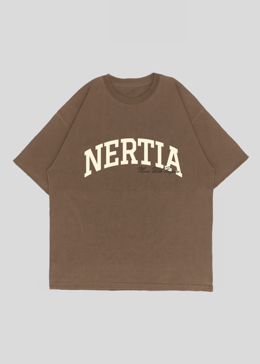 Brown t-shirt with 'NERTIA' logo on a light gray background