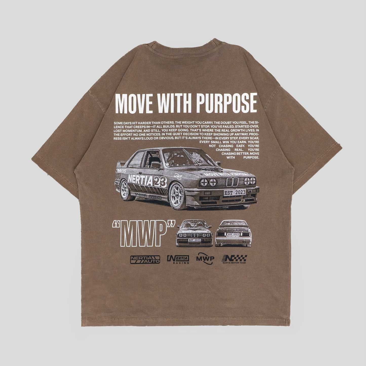 Brown t-shirt with graphic design and text on a light gray background