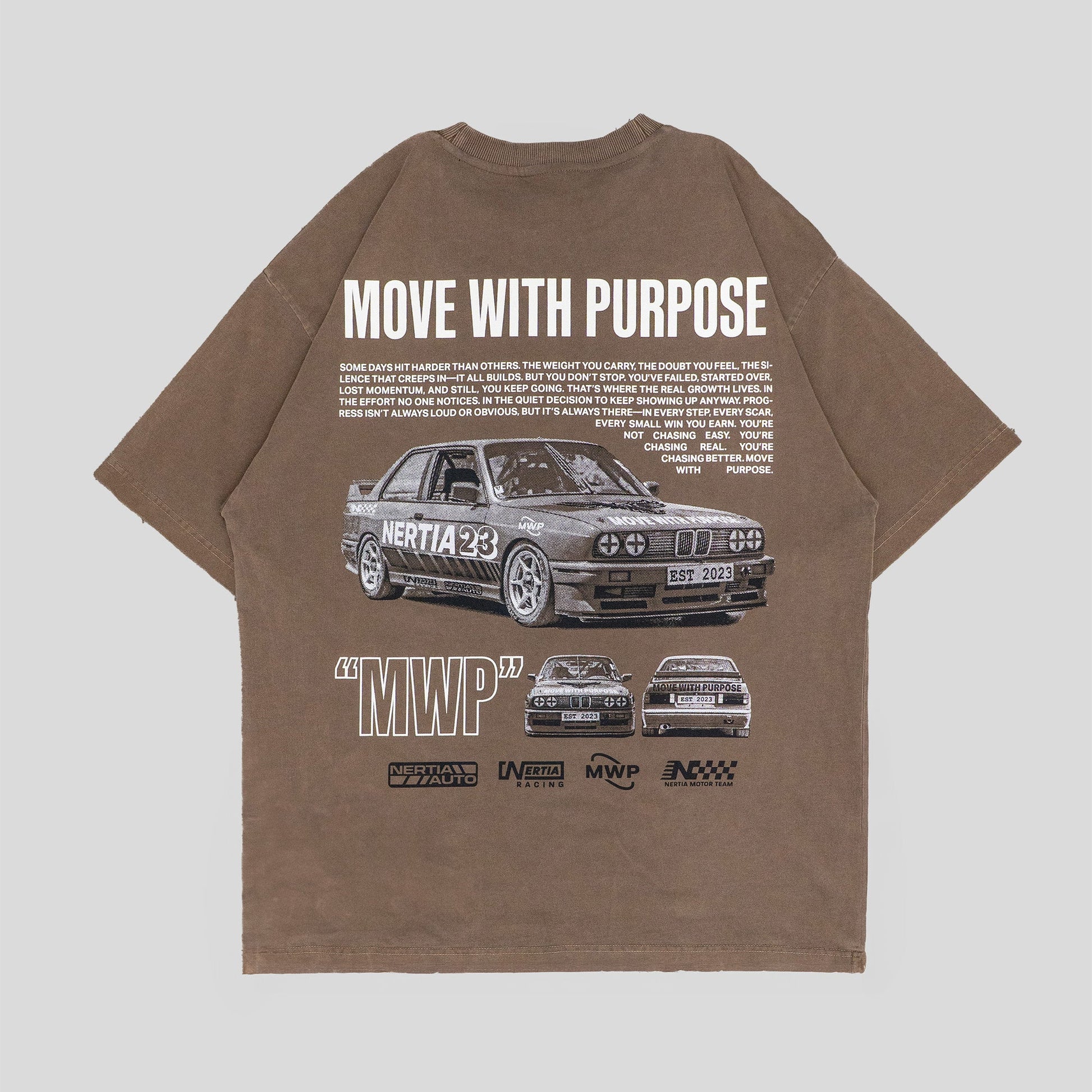 Brown t-shirt with graphic design and text on a light gray background