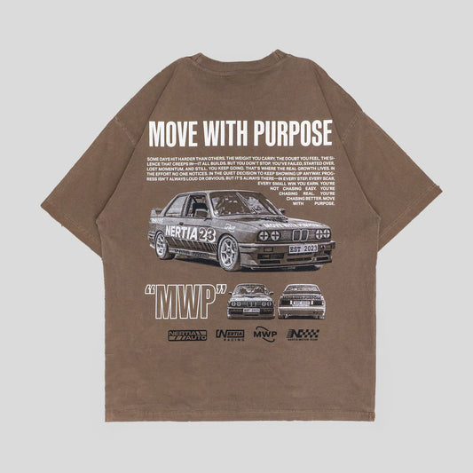 Brown t-shirt with graphic design and text on a light gray background