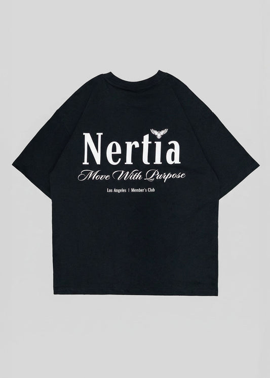 Black t-shirt with 'Nertia' logo and text on a light gray background