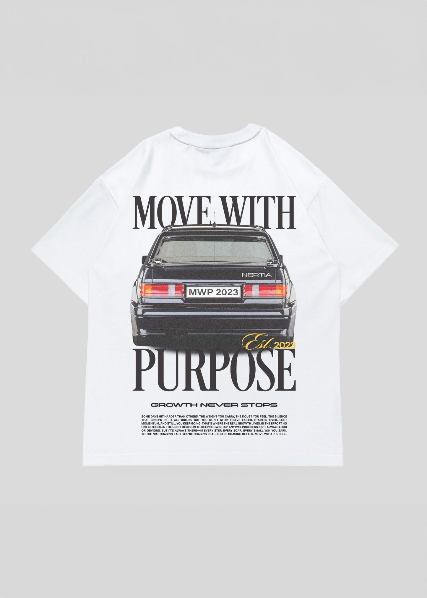 White t-shirt with a graphic of a car and text on a gray background