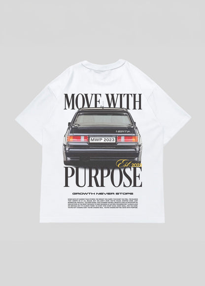 White t-shirt with a graphic of a car and text on a gray background