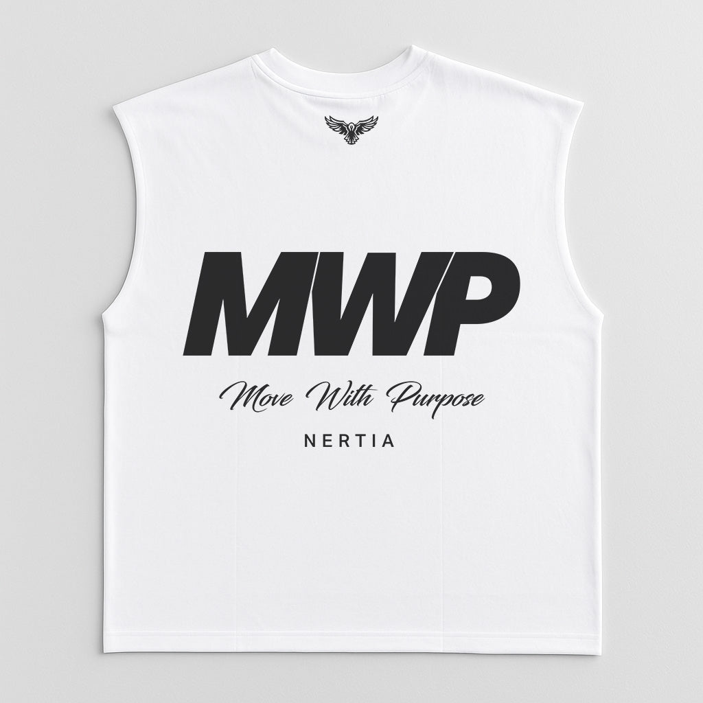 White sleeveless shirt with 'MWP' and 'Move With Purpose Nertia' text on a gray background