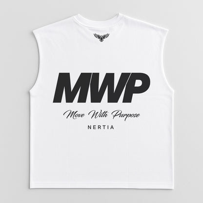 White sleeveless shirt with 'MWP' and 'Move With Purpose Nertia' text on a gray background