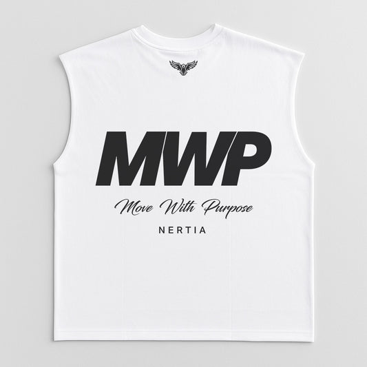 White sleeveless shirt with 'MWP' and 'Move With Purpose Nertia' text on a gray background