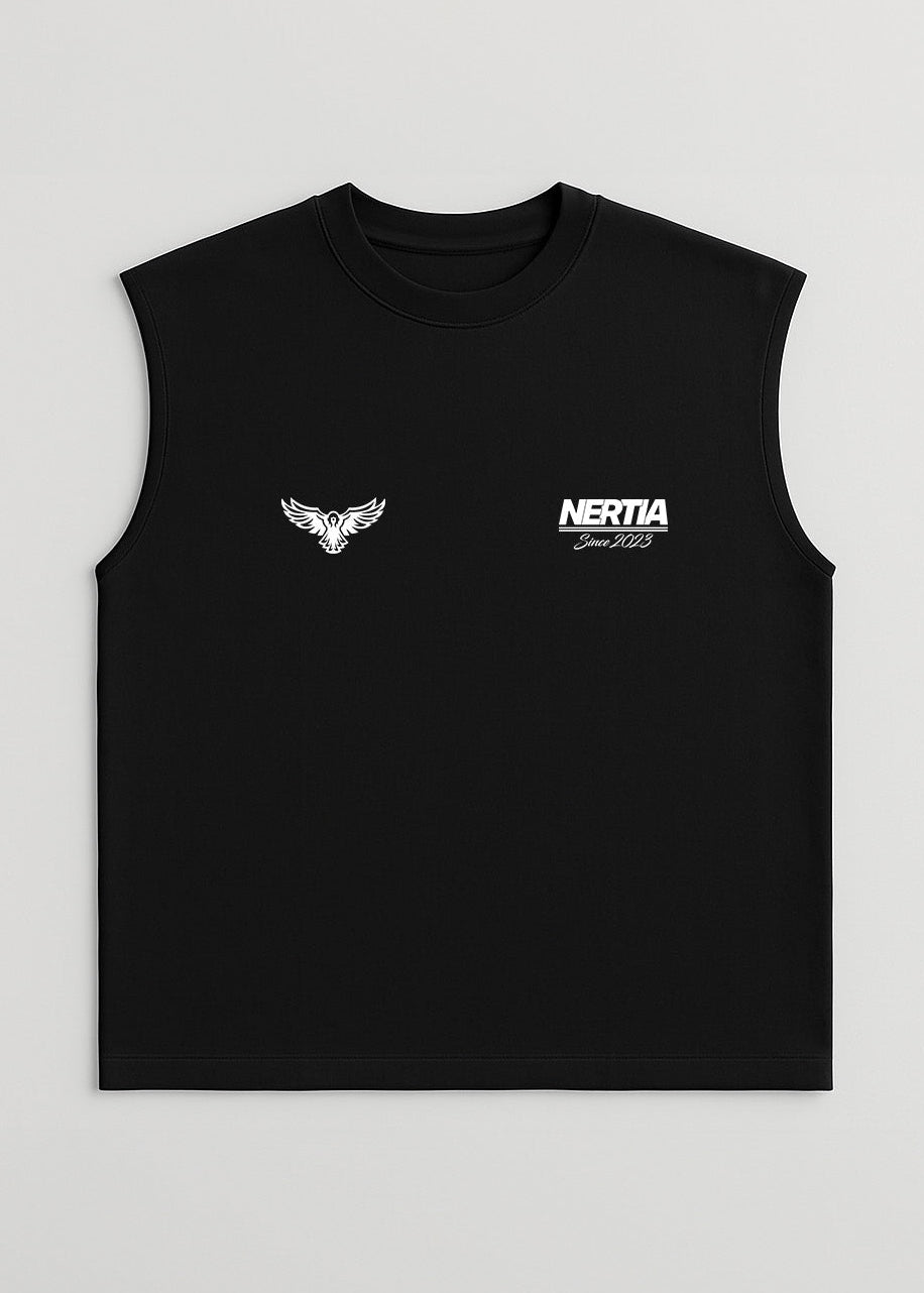 Black sleeveless shirt with white logo and text on a light gray background