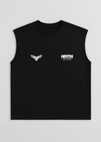 Black sleeveless shirt with white logo and text on a light gray background