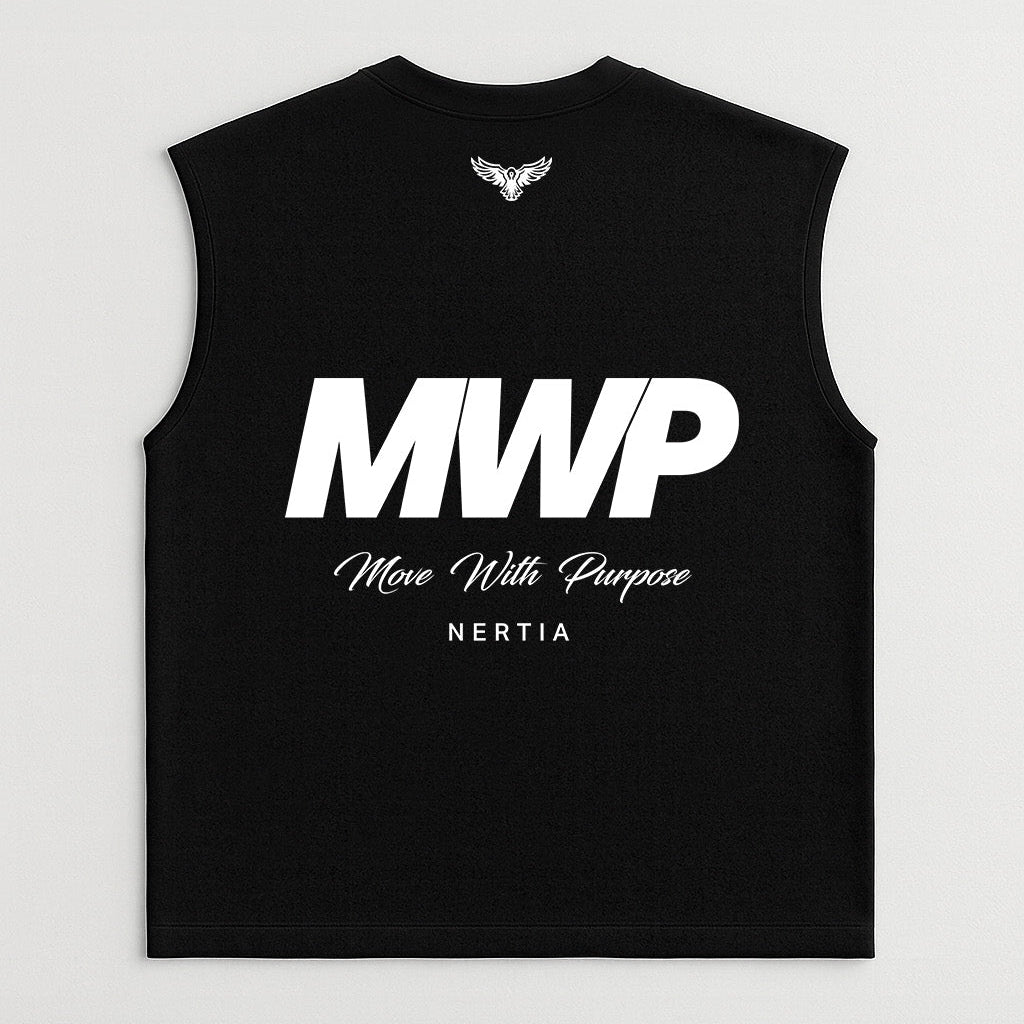Black sleeveless shirt with 'MWP Move With Purpose' text on a light gray background