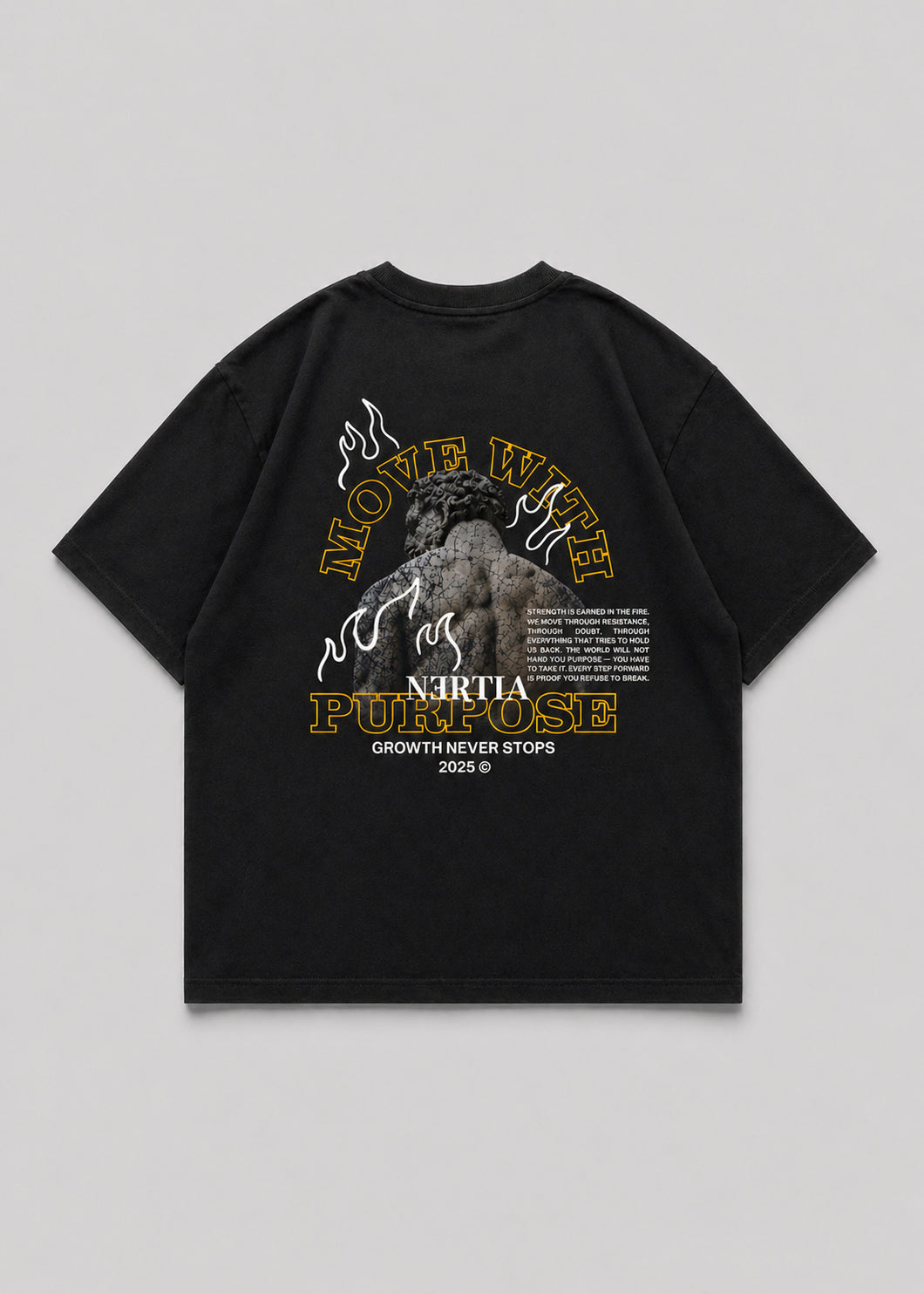 Black t-shirt with graphic design and text on a gray background