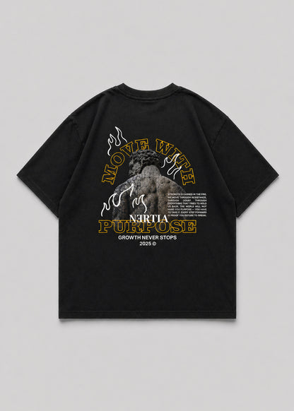 Black t-shirt with graphic design and text on a gray background