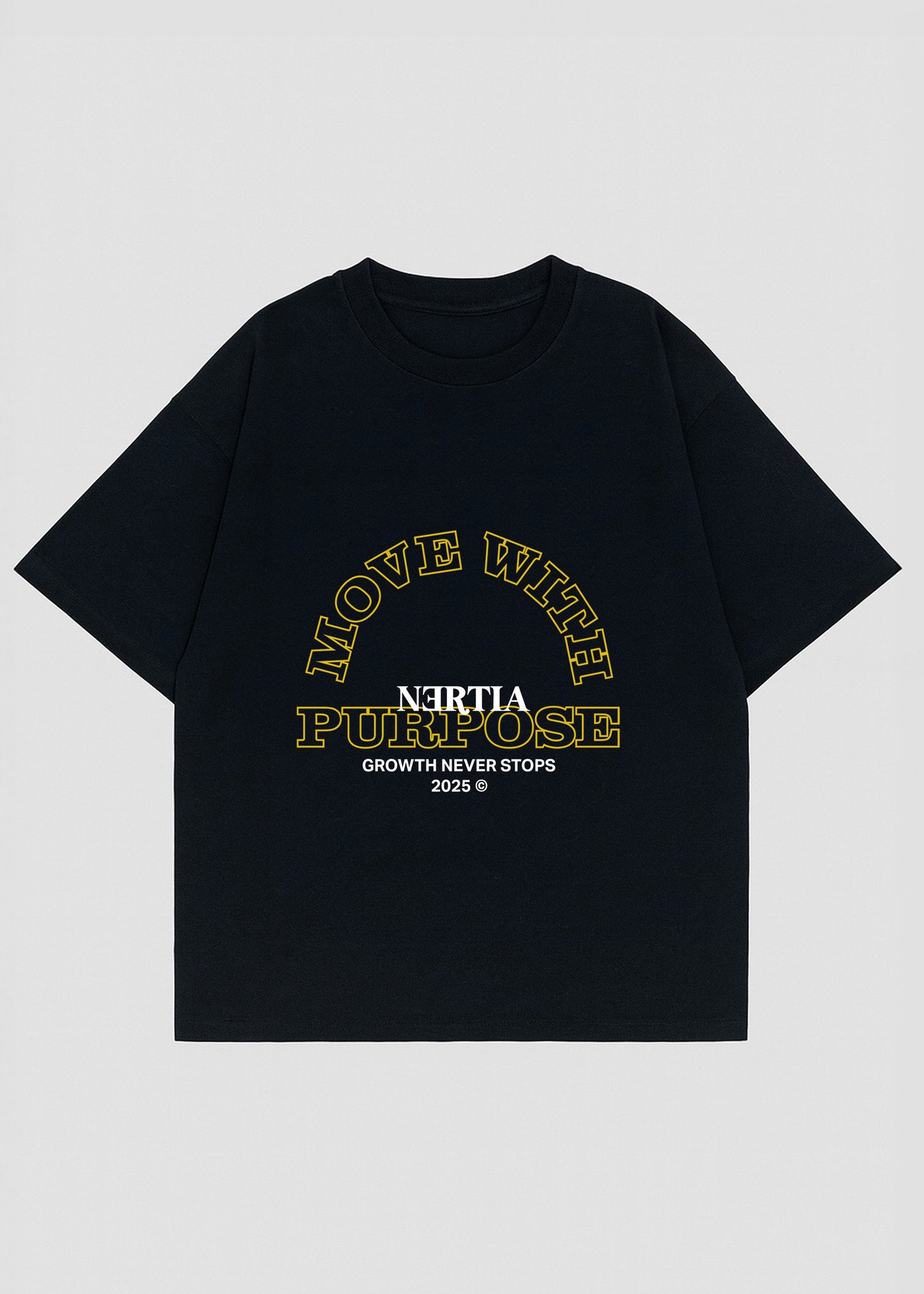 Black t-shirt with yellow and white text on a light gray background