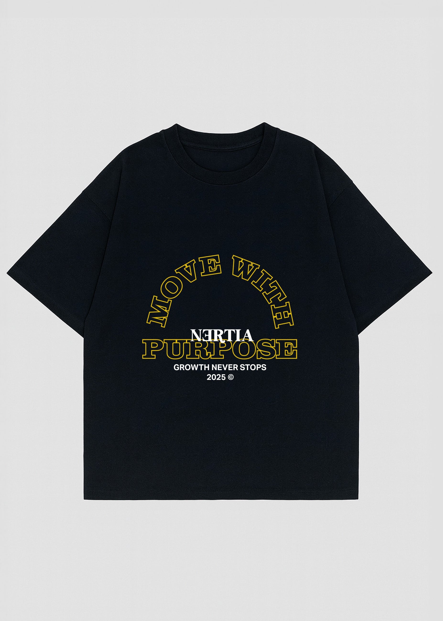 Black t-shirt with yellow and white text on a light gray background