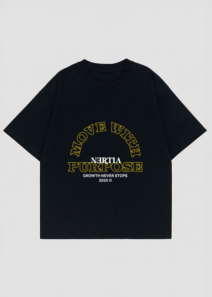 Black t-shirt with yellow and white text on a light gray background