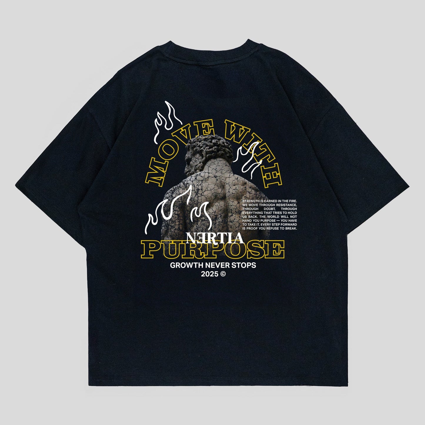 Black t-shirt with graphic design on a gray background