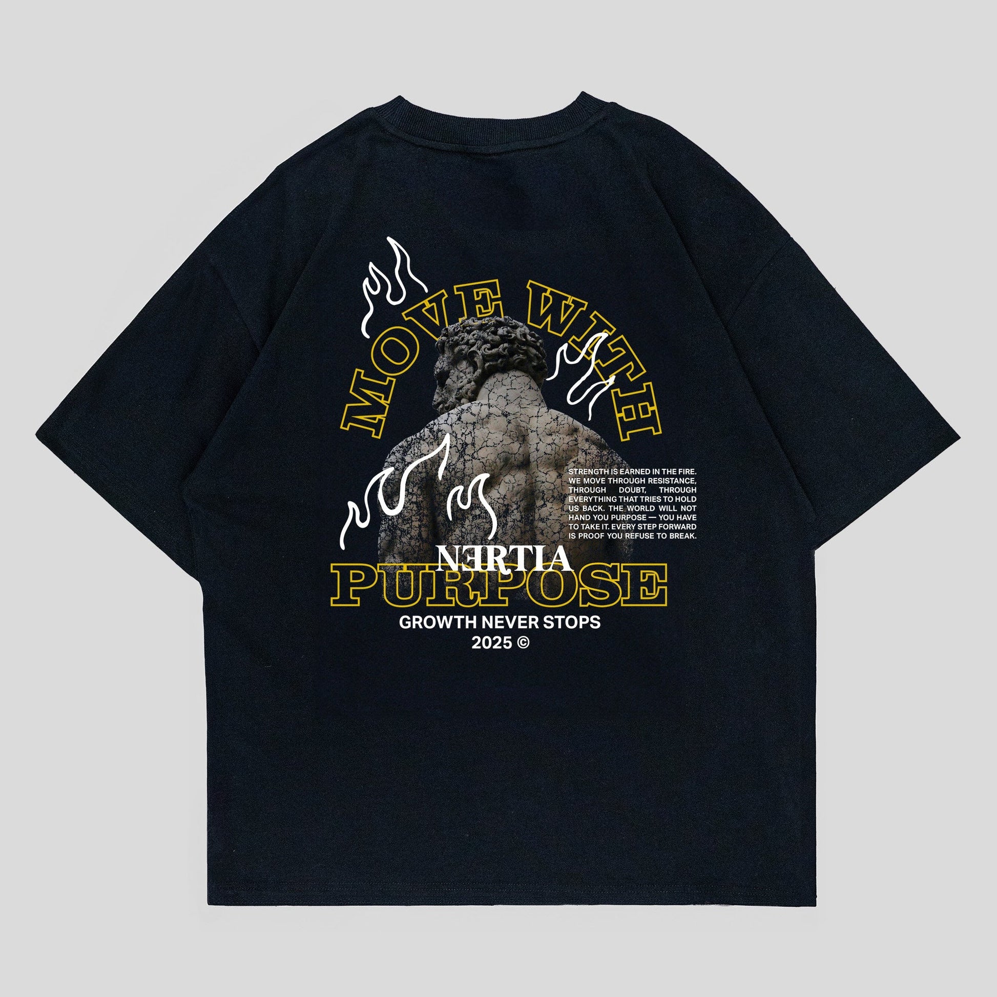 Black t-shirt with graphic design on a gray background