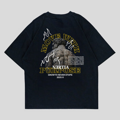 Black t-shirt with graphic design on a gray background