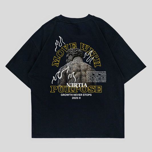 Black t-shirt with graphic design on a gray background