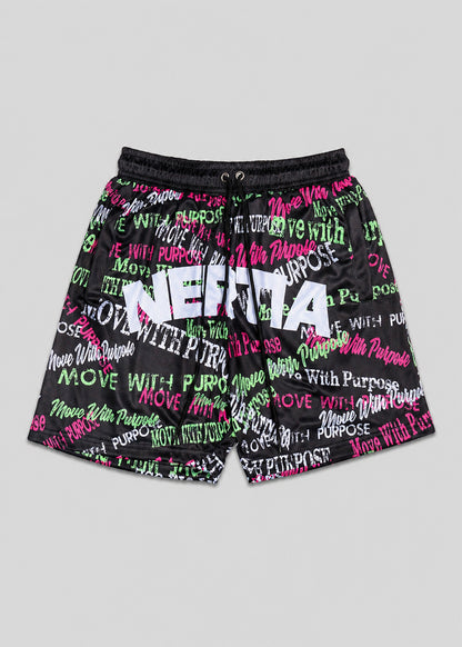 Black shorts with colorful text design on a gray background