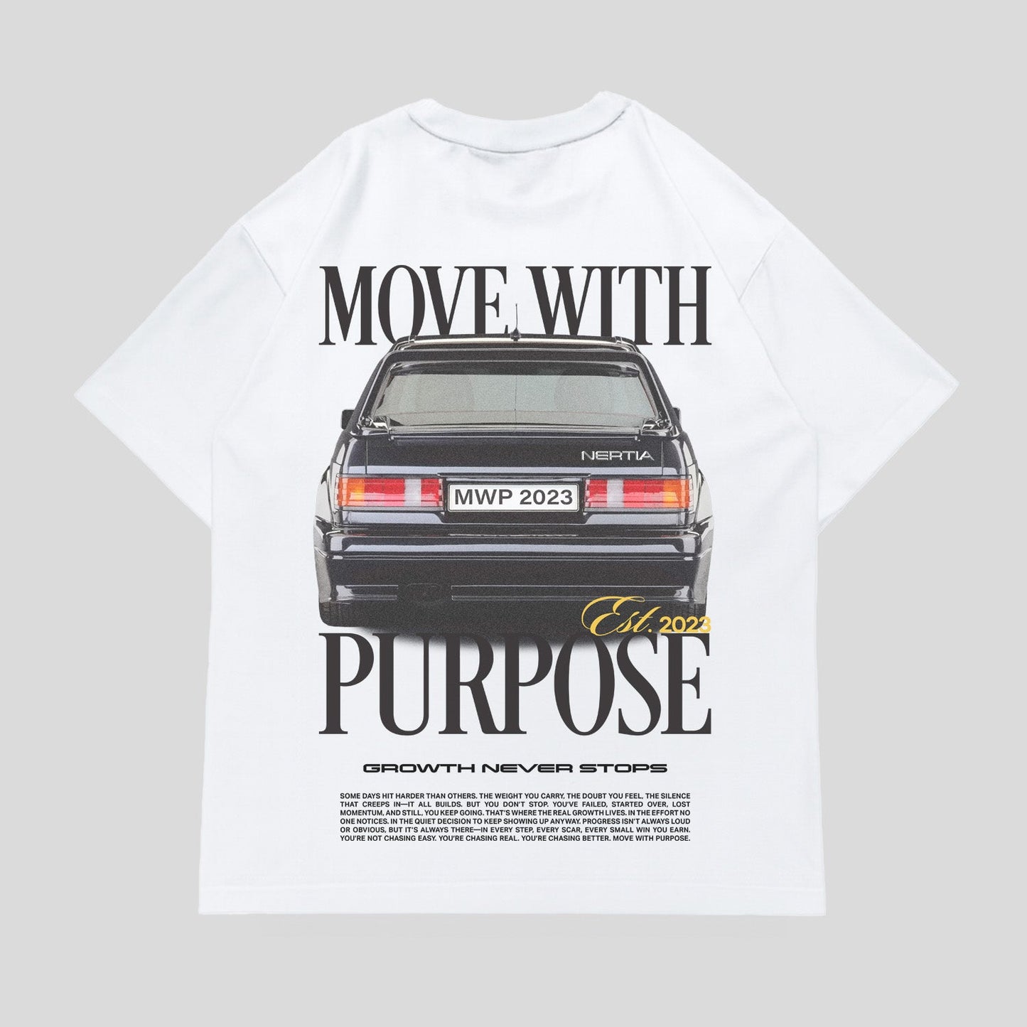 White t-shirt with a graphic of a car and text on a gray background